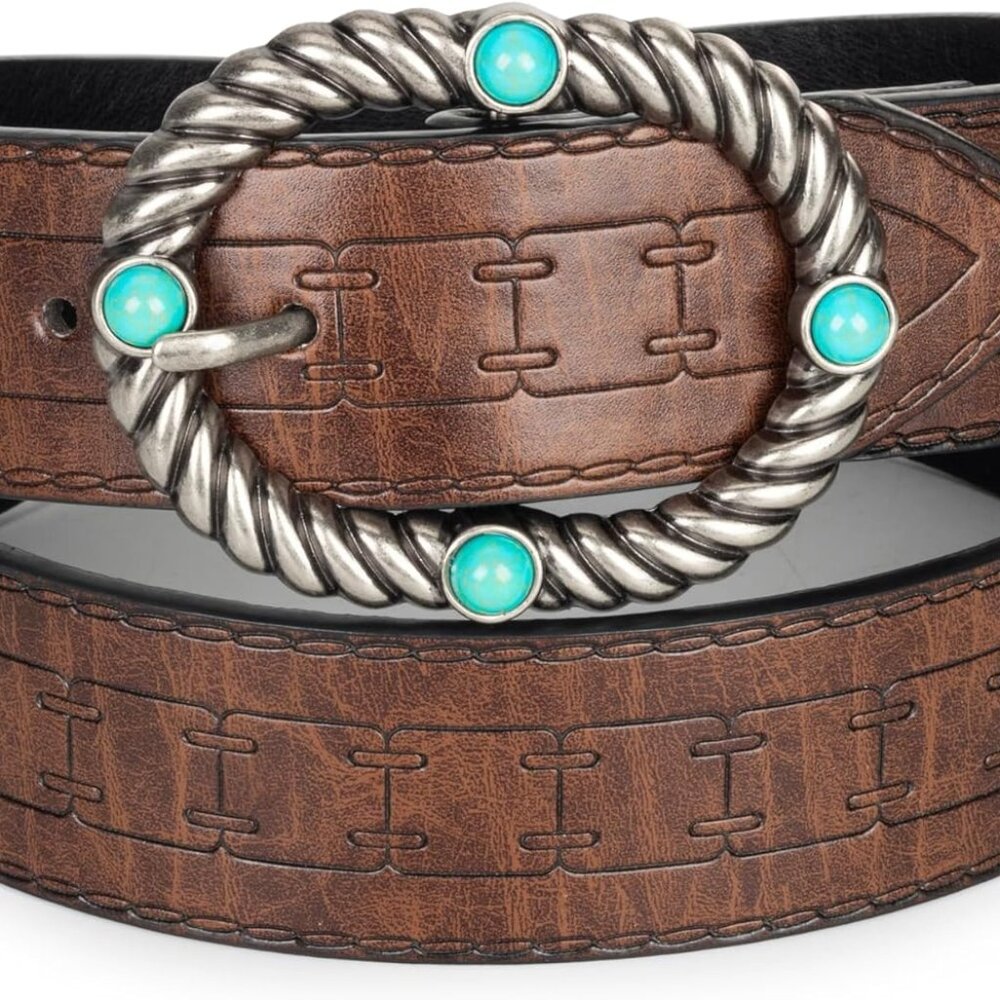 Western-Leather-Belts for Women Turquoise-Oval-Buckle Embossed Cowgirl Belt for